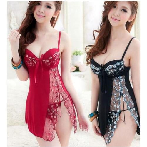 Free Shipping 2015 Women Fashion Sexy Silk Sleepwear Lace Hallow Out Floral Sleeping Dress Nightgown Set & T-Back Camisola AP039