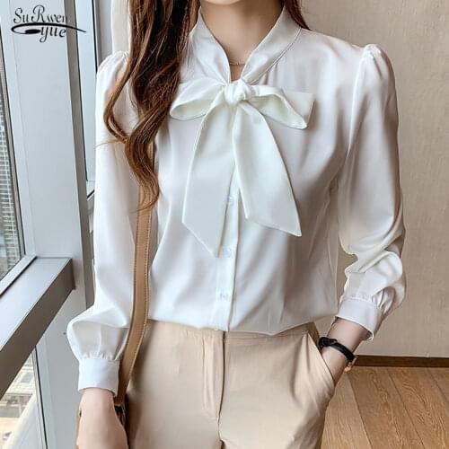 2021 Long Sleeve Chiffon White Blouse Women Tops Office Casual Button Up Women Shirts Fashion Bow Female Clothing Blusas 16168