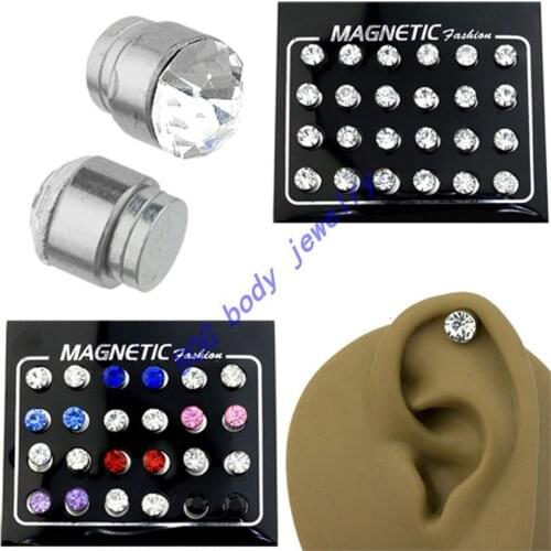 BOG- 24 pieces Magnetic Round Rhinestone Stud Earring for Men Women, Non-Piercing Clip On Cheater Fake Ear Plugs Body Jewelry