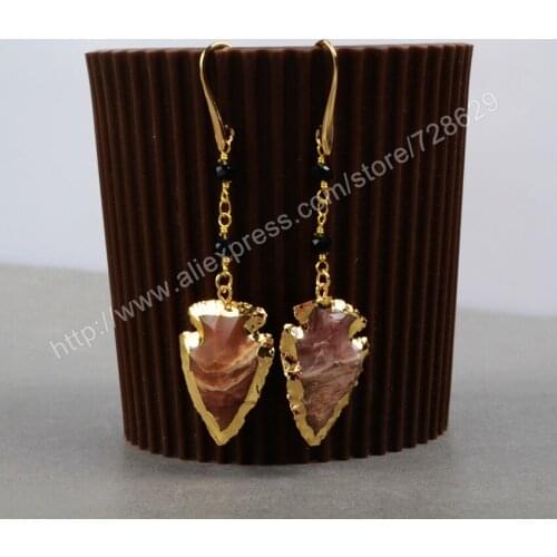 BOROSA 5PCS Fashion Gold Color Rough Multi-Kind Gems & Quartz Arrowheads Charm Earrings With Black Beads G0758