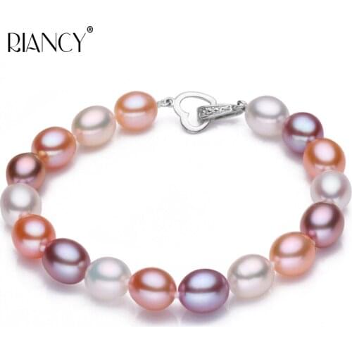 Fashion 8-9MM rice shape Natural freshwater Multicolor pearl bracelet send girlfriend to send mother