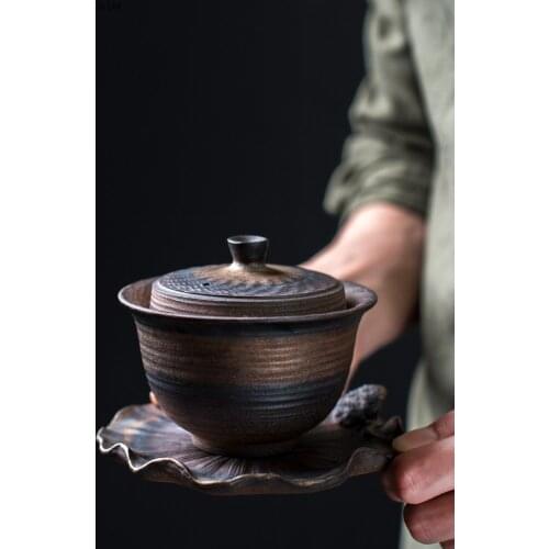 Handmade Retro Ceramic Cover Bowl Stoneware Large Teacup with Saucer Japanese-style Handmade Teacup Teaset Accessories Tea Maker