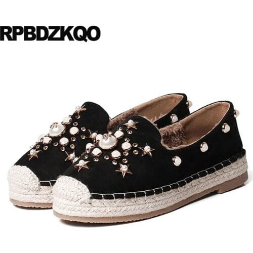 Black pearl suede espadrilles winter fur round toe fisherman straw china women hemp pink ladies beautiful flats shoes slip on
