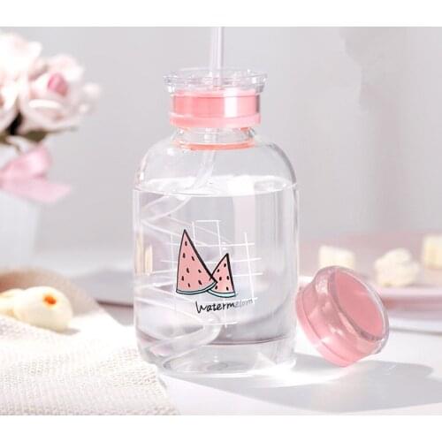 Flamingo Watermelon Glass Straw Water Bottle Girls Kawaii Cartoon Pig Portable Transparent Milk Juice Cup With Double Lid 450ml