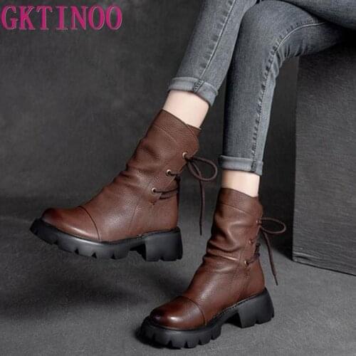 GKTINOO women shoes 2021 Autumn Winter genuine leather Female boots women booties British Lace-Up retro women Motorcycle Boots
