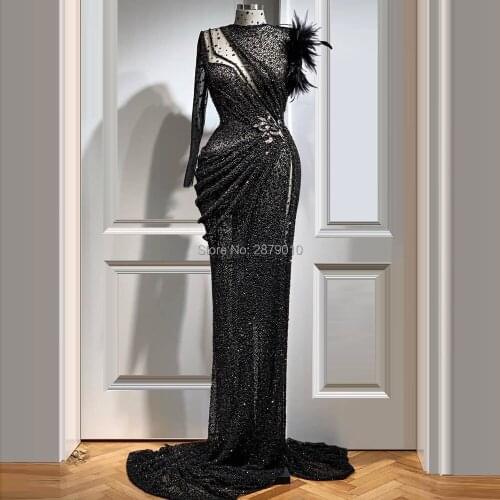 Islamic Black Round Neck Evening Dress Mermaid Floor-Length Beaded Feather Slit Robe De Soiree Aibye Prom Dress вечернее платье