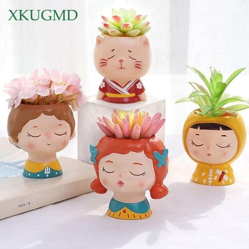 Cartoon Boy And Girl Resin Flower Pot Character Animal Sculpture Potted Desktop Decoration Garden Succulent Plant Pot