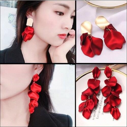 Korean New Fashion Temperament Alloy Women Pendant Earrings Sexy Rose Petals Long Tassel Earrings Women Jewelry Red Earrings