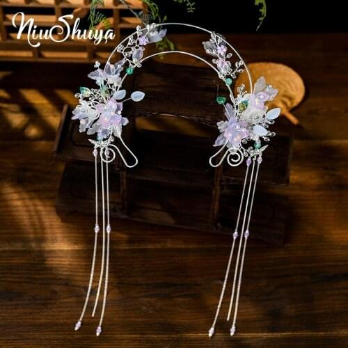 NiuShuya Costume Hanfu Headdress Tassel Step Shaking Hair Hoop Super Fairy Silk Flower Tiara Virgin Mary Hair Ornaments