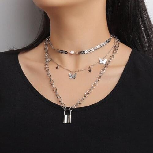 Hot-sale Alloy Lock Butterfly Pendant Necklace Fashion Personality Geometric Chain For Women Gold Plated Necklace