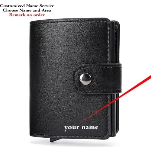 Customized Name Men PU Leather Wallet Credit ID Card Holder Business Hasp Wallet Automatic Aluminum Case Button Design Purse