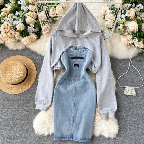 Richkeda Store New 2021 Spring And Autumn Suit Female Design Sense Hooded Sweater Long-sleeved Wild Retro Denim Sling Dress