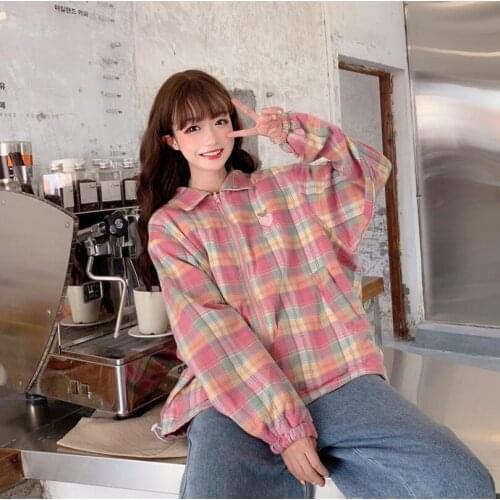 Autumn New Sweet Cute Peach Outwear Coats Plaid Embroidery Casual Two Wear Jacket Women