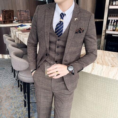 Jacket + Vest + Pants ) Boutique Fashion Mens Plaid Casual Business Suit High-end Social Formal Suit 3 Pcs Set Groom Wedding