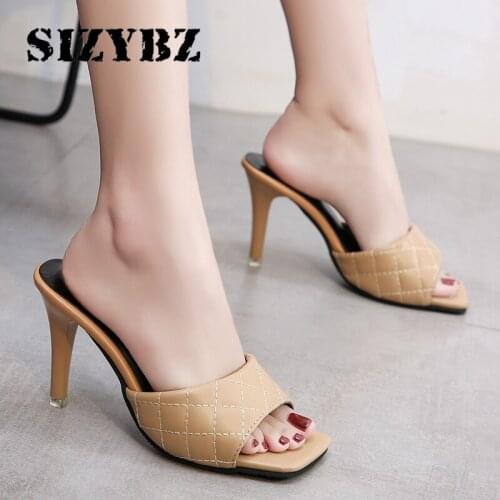 Sexy PU Diamond Slipper Summer Shoes Square Head High Heels Fashion Slip on Square Heels Slides Women Peep Toe Mules Party Shoes