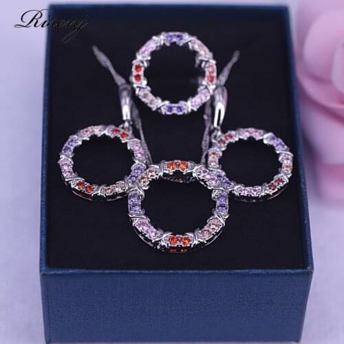 Luxury Silver 925 Costume Jewelry Necklace Earrings Ring Set For Women Female Party Colorful Austrian Crystal Jewelry