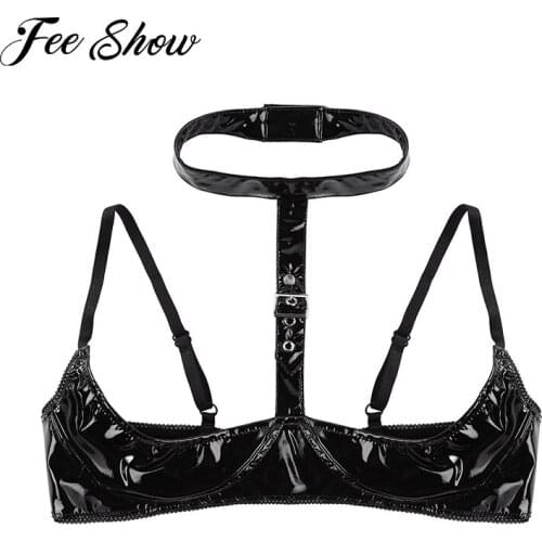 Sexy Womens Lingerie Latex Shelf Bra Wet Look Patent Leather Bras Halter Neck Adjustable Straps Wire-free Open Cups Sexy Bra Top
