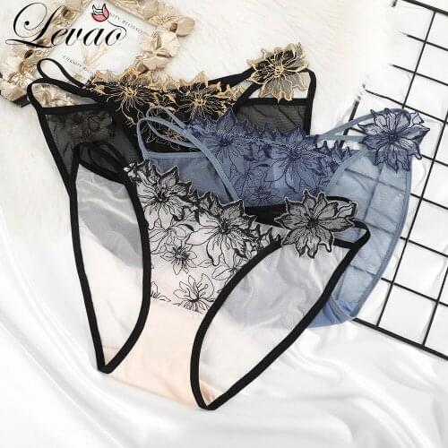 LEVAO Sexy Women Lace Transparent Mesh Panties Strap Solid Seamless Briefs Tangas Female Floral Low Waist Underwear Lingerie