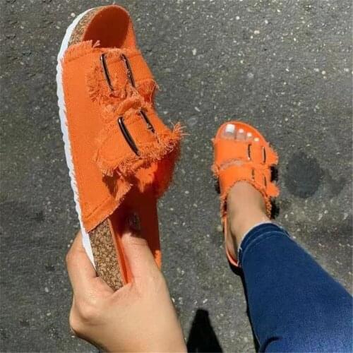2021 New Summer Beach Cork Slippers Ladies Casual Double Buckle Non-slip Clogs Slides Women Slip On Flip Flop Canvas Shoes Black