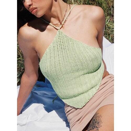 Womens Crop Cami Tops, Sleeveless Criss Cross Self-Tie Backless Solid Color Crochet Camisole