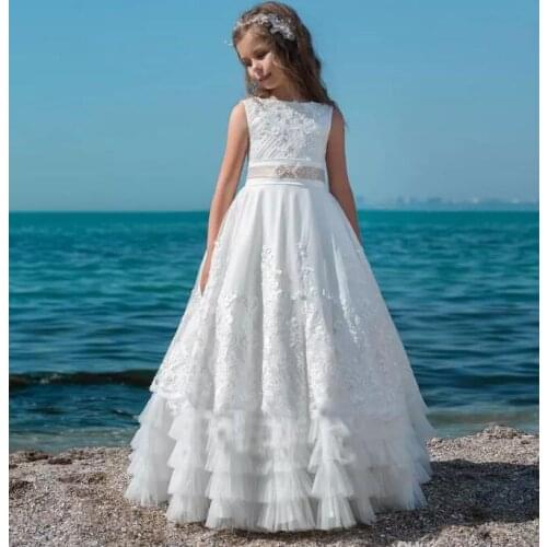Vintage Lace White Flower Girl Dress For Wedding Lace Applique Beads Holy First Communion Gown Tiered Kids Prom Dress Custom