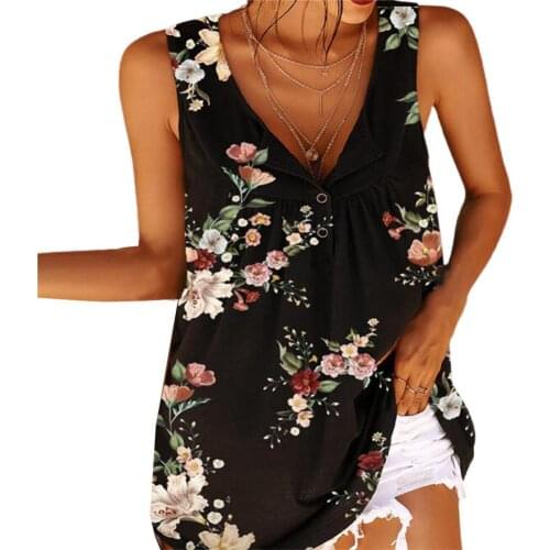 Fashion Women Vest V Neck Floral Print Sleeveless Buttons Loose Blouse Top for Spring/Summer