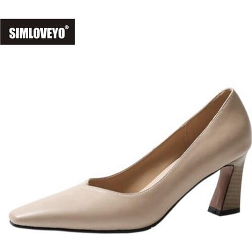 SIMLOVEYO 2021 New Genuine Leather Ladies Pumps Daily Dress Slip On Square Toe Spool Heel 7.5cm Size 34-40 Apricot Beige A4319