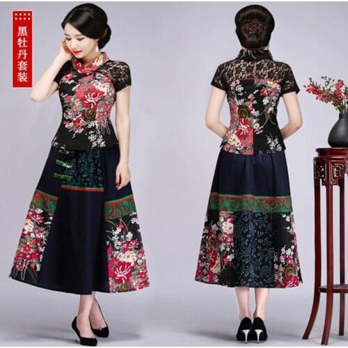 Chinese Style Plus Size XL New Black 2 piece suit (shirt+ skirt) women embroidery set Casual elegant everyday Short sleeve set