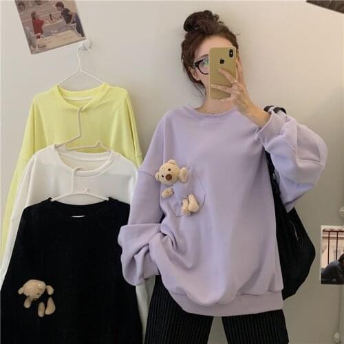 Femotwin Korea Style Long Sleeve Pullover Women Casual Bear Pocket Oversize Hoodies Fashion Solid Loose Soft Autumn Winter Top