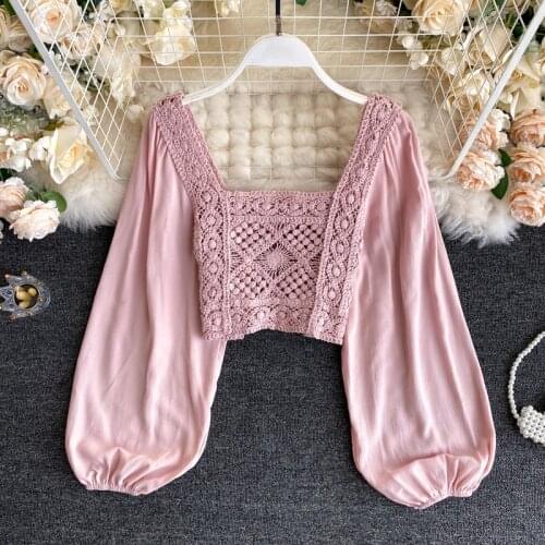 Ins Womens Retro Crocheted Hollow Knit Tops Lady Long Puff Sleeve Stitching Short Square Collar Shirt Elegant Blouse N486