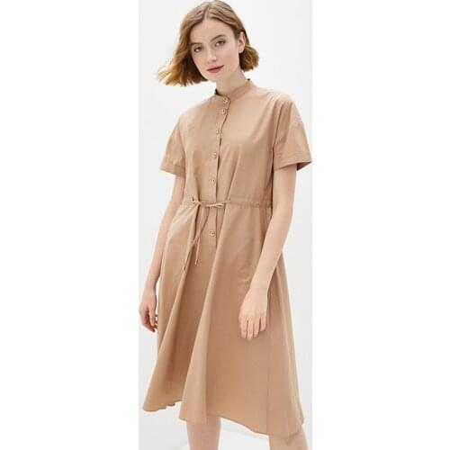 Shyloli Women Casual A-line Single Breasted Party Dress O-neck Short Sleeve Solid Mid Dress Khaki 2021 New Fashion Summer Dress