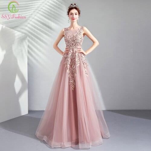 SSYFashion New Luxury Lace Sleeveless Evening Dress Banquet Elegant Dark Pink Appliques Beading Floor-length Formal Prom Gowns