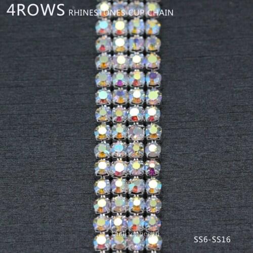 1/10yard 4-Row ss6 ss8 ss12 ss16 Crystal AB shiny Rhinestone Ribbon Cup Close silver Chain necklace Trim Wedding dress Banding