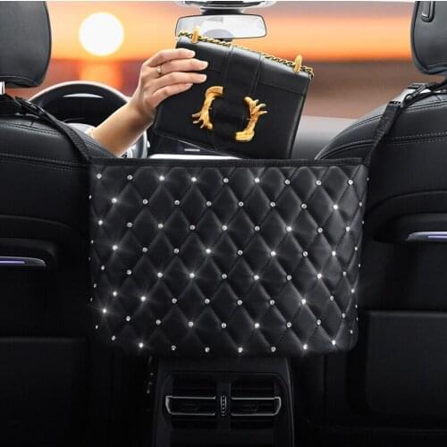 Car Handbag Holder PU Leather Artificial Diamond Middle Box Seat Auto Gap Storage Hang Pocket Center Console Document Organizer