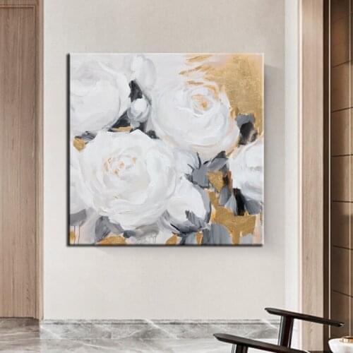 White Gold Foil Flower Abstract Oil Painting 100% Hand-Painted Wall Art Home Decor Wall Pictures Modern On Canvas No Framed