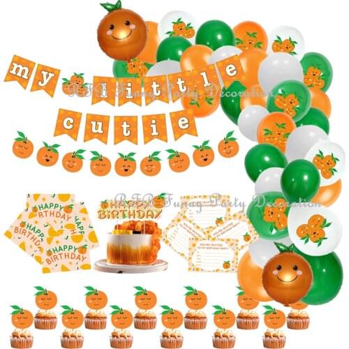 Kids Birthday Party Decorations Orange Green Balloons Garland Set My Little Cutie Banner Invitation Card for Baby Shower Party