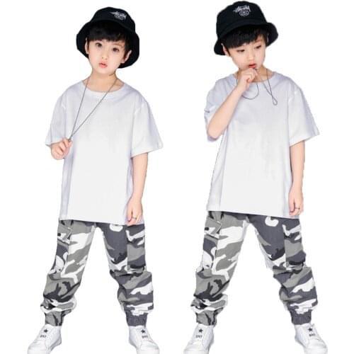 Kids Boys Girls Hip Hop Dance Costume Modern Jazz Dance Clothing Set White T-shirt Camouflage Pants Dance Outfits Stage Teamwear