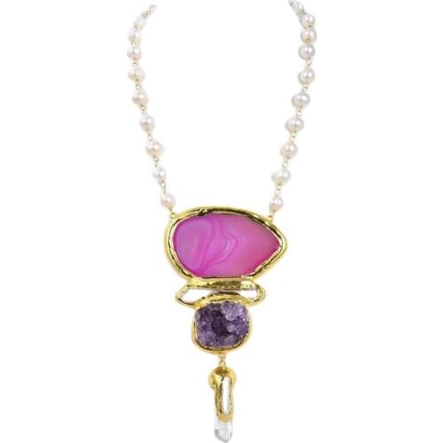 GG Jewelry Natural White Pearl Rosary Chain Necklace Red Rose Agates Slice Amethysts Quartzs Point Pendant 20"