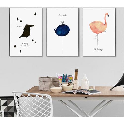 Baby Nursery Painting Cartoon Animal Whale Flamingo Wall Art Canvas Poster Nordic Kids Children Bedroom Decoration Pictures