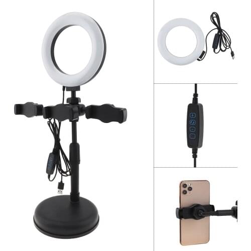 6 Inch 16cm LED Selfie Ring Light with Desktop Stand 3pcs Mobile Phone Clips Holder 3000-5800K Fill Light for Live Photo Video