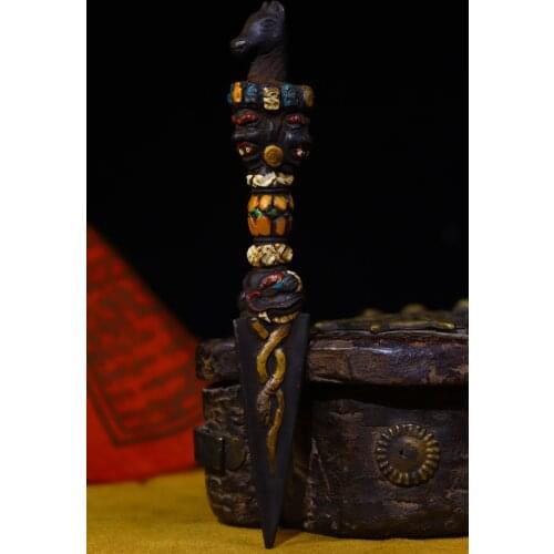 6"Chinese temple collection Old Bronze Tracing Horse head Three-faced buddha head Skull Vajra Dharma Ornaments Town House