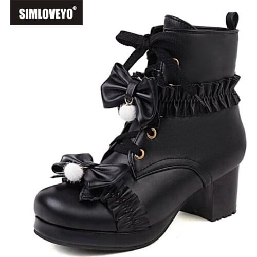 SIMLOVEYO Lolita Autumn Winter Ankle Short Boots Round toe Chunky Heels Zip Lace Up Bow Ladylike Small Size 30-43 Cosplay S2475