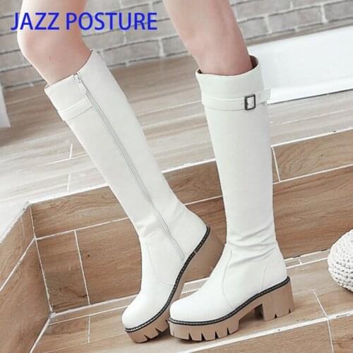 Fashion Round Toe High boots women Waterproof platform winter boots shoes Ladies High heels zipper Brown white beige black z429