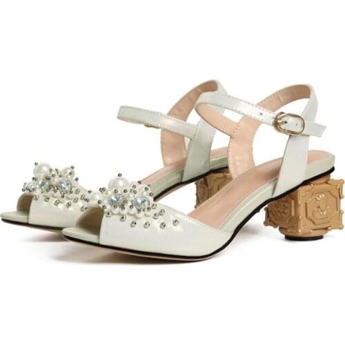 Moraima Snc Woman Sandals Sequins Beaded Leather Thick Heels Shoes Sexy Peep Toe Ankle Strap High Heel Shoes Cutouts Dress Shoe