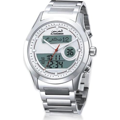 Muslim Men Watch with Azan Time and 35mm Dual Display for All Islam Cities Prayer Wrist Clock In Arabic English