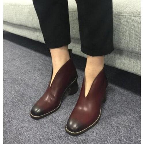 2018 Spring New Fashioin Red Brown Leather Women Ankle Boots Deep V Front Slip On Knight Boots 6cm High Heel Boots Size 41