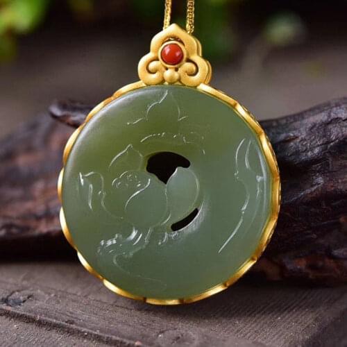 New silver inlaid natural Hetian jade lotus Pendant Necklace Chinese style retro unique ancient gold craft charm womens jewelry