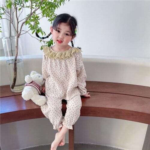 2021 Spring Pastoral Style Korean Girl Floral Lace Collar Cotton Yarn Homewear Set Pajamas Two-piece Set Kids Soft Sleepwear