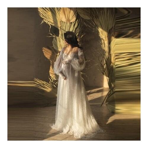 Vintage Pearls Tulle Maternity Photography Dresses Long Sleeves Sweetheart Floor Length Elegant Ivory French Pregnancy Gowns