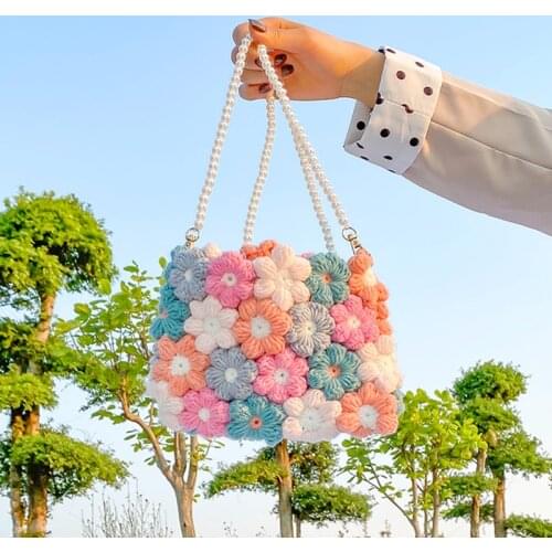 Flower Hand Woven DIY Knitted Bag Women Cotton Woolen Daisy Bag New Shoulder Messenger Bag Rural Style Pearl Chain Crochet Bag
